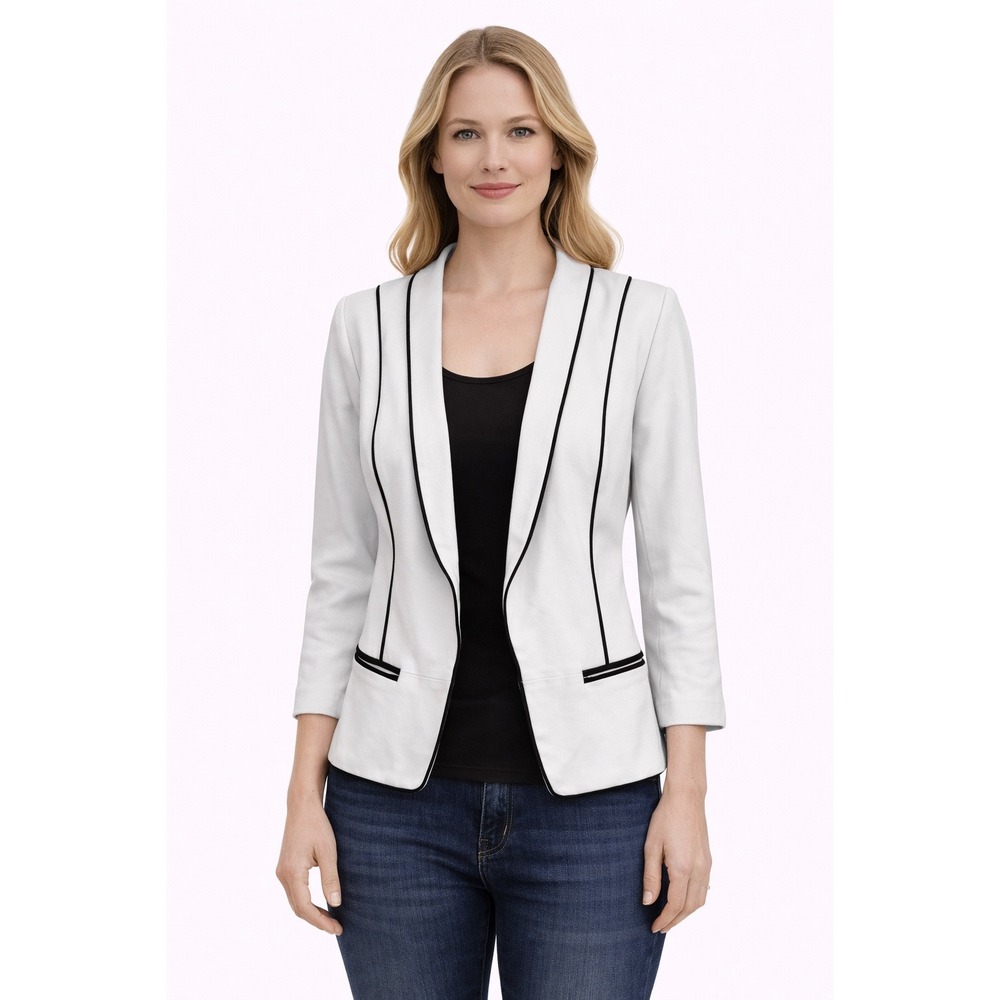 XOXO Blazer Jacket Womens 6 White Black Piping Zipper Cuff Open Front Career‎